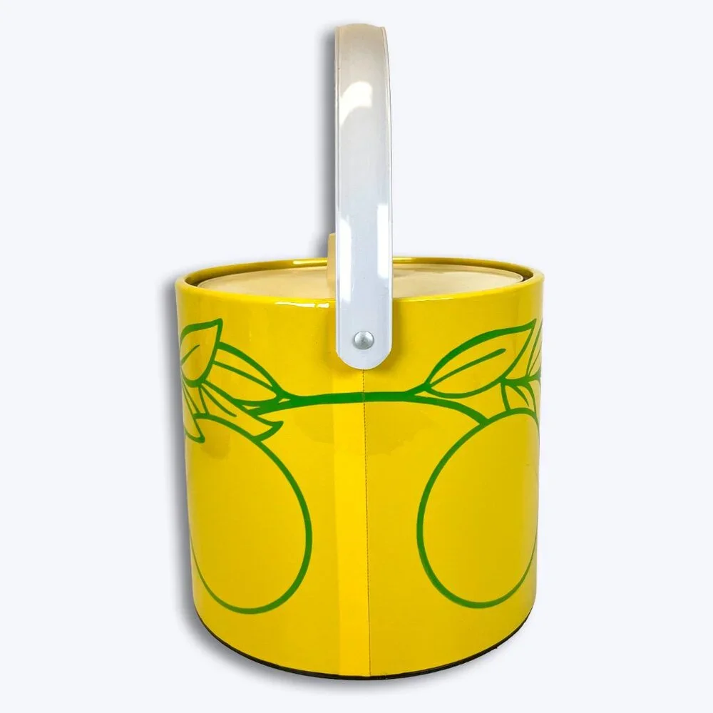 Vtg 70s Lemon Ice Bucket Vinyl Mod Pop Art Kitsch Retro Citrus Yellow Barware